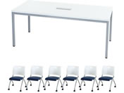 Netforce/会議セット 6人用 グールー 会議テーブル 幅1800mm シルバー×ホワイト ラップ チェア キャスター付き ホワイト×ネイビー