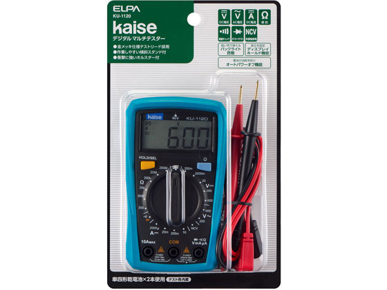 ●直流電圧：０〜６００Ｖ●抵抗：０〜２００ＭΩ●交流電圧：０〜６００Ｖ●導通試験：約５０Ω以下でブザー●直流電流：０〜２００ｍＡ〜１０Ａ●ダイオードテスト●非接触検電●付属品：単四形乾電池 ２本（テス