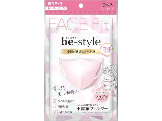 ●立体タイプ●ふつうサイズ●カラー：ドーリーピンク●材質：本体・フィルタ部／ポリプロピレン・ポリエチレン・ポリエステル、耳ひも部／ナイロン・ポリウレタン●中国製●注文単位：１パック（５枚）※蛍光染料は