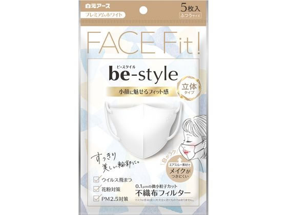 ●立体タイプ●ふつうサイズ●カラー：プレミアムホワイト●材質：本体・フィルタ部／ポリプロピレン・ポリエチレン・ポリエステル、耳ひも部／ナイロン・ポリウレタン●中国製●注文単位：１パック（５枚）※蛍光染