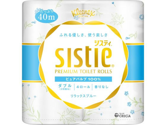 ●ダブル●材質：ピュアパルプ１００％●温かみのあるクラフト風花柄プリント（ブルー）●リンゴ酸配合消臭コア芯●無香タイプ●蛍光染料不使用●注文単位：１パック（４０ｍ×４ロール）