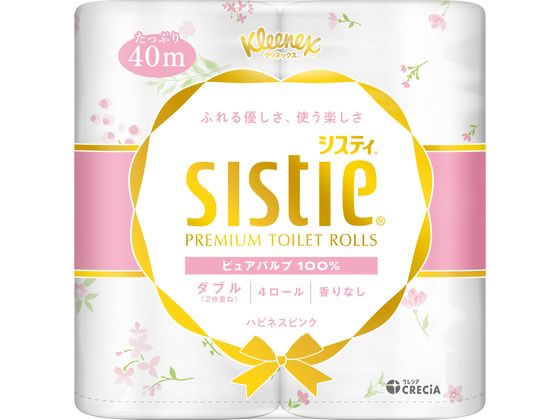 ●ダブル●材質：ピュアパルプ１００％●可憐な花柄プリント（ピンク）●リンゴ酸配合消臭コア芯●無香タイプ●蛍光染料不使用●注文単位：１パック（４０ｍ×４ロール）