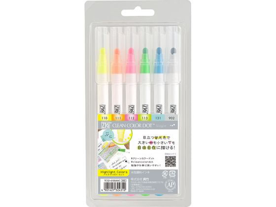 ●ドット芯カラーマーカー６色セット●水性顔料インキ●インク色：１１０蛍光イエロー、１１１蛍光オレンジ、１１２蛍光ピンク、１１３蛍光グリーン、１３１ライトブルー、９０２ライトプラチナ●線幅（ドット芯）：