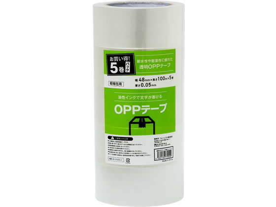●軽梱包用●サイズ：幅４８ｍｍ×長さ１００ｍ●厚さ：０．０５ｍｍ●色：透明●材質：ポリプロピレン●粘着剤：アクリル系●生産国：中国●注文単位：１パック（５巻）