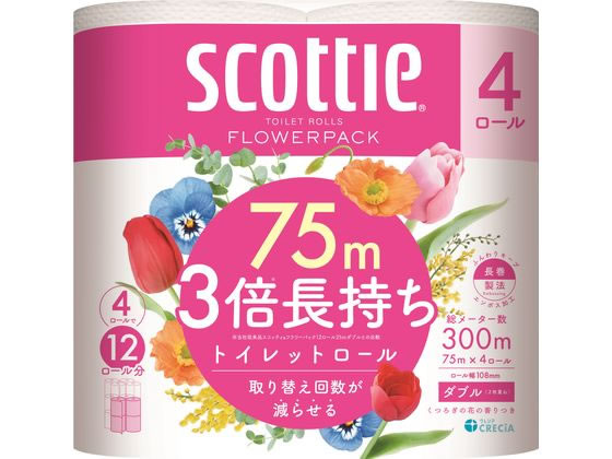 ●ロールサイズ：紙幅１０８ｍｍ×長さ７５ｍ（ダブル）●注文単位：１パック（４ロール）●４ロールで１２ロール分の長さ（１ロールの長さが３倍）●くつろぐ花の香りつき●やわらかなふっくらエンボス加工●家庭用
