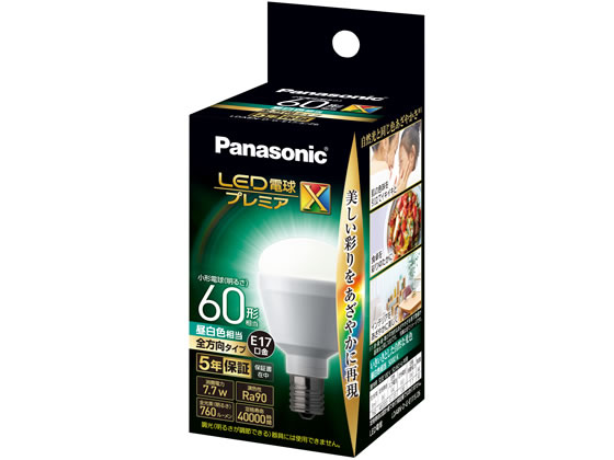 ●光色：昼白色相当●口金：Ｅ１７●周波数：５０／６０Ｈｚ共用●定格電圧：１００Ｖ●定格入力電流：０．１３３Ａ●全光束（ランプ単体の明るさ）：小形電球６０形相当（７６０ｌｍ）●消費効率：９８．７ｌｍ／Ｗ