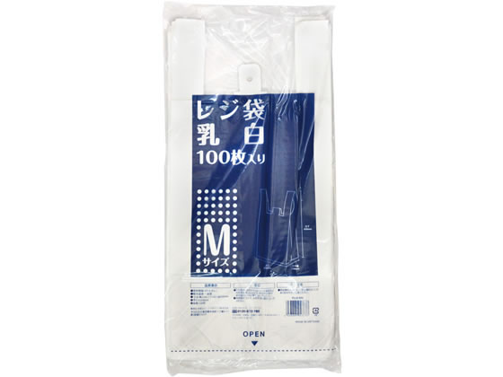 ●サイズ：Ｍ●寸法：縦３２０（取っ手込：４５０）×横２１０ｍｍ●マチ幅：１４０ｍｍ●厚さ：０．０１６ｍｍ●色：乳白●注文単位：１パック（１００枚）●材質：高密度ポリエチレン（ＨＤＰＥ）●エンボス加工