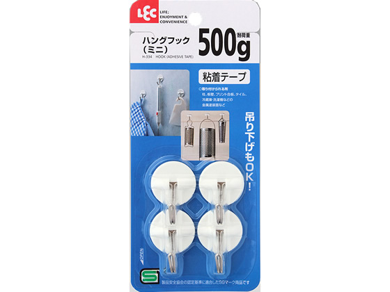 ●サイズ：幅３０×奥行２０×高さ４０ｍｍ●耐荷重：５００ｇ●取り付け方法：粘着テープ●材質：本体／スチロール樹脂、フック／ステンレス鋼線●注文単位：１パック（４個入）