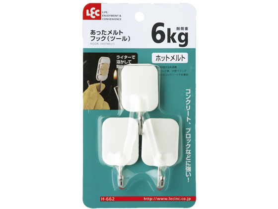 ●サイズ：幅４０×奥行３５×高さ６５ｍｍ●耐荷重：６ｋｇ●取り付け方法：ホットメルト●材質：本体／ＡＥＳ樹脂、フック／ステンレス鋼線●注文単位：１パック（３個入）