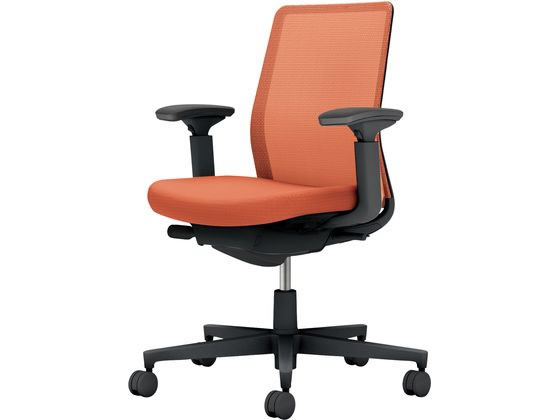 ●色：本体／ブラック、背／ソフトテラコッタ、座／ソフトテラコッタ●背メッシュタイプ●ランバーサポート：なし●外寸法：幅710×奥行(脚部除く)490×高さ880〜970mm●座面寸法：幅500×奥行4