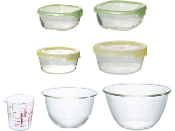 ●サイズ：保存容器丸３００／幅１１３×奥行１１１×高さ５２ｍｍ×１個（容量：３００ｍｌ）、保存容器丸６００／幅１４１×奥行１３７×高さ６５ｍｍ×１個（容量：６００ｍｌ）、保存容器角２５０／幅１１１×奥