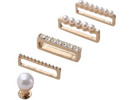 ●セット内容：リング×４、ピンズ×１ ●材質：亜鉛合金 ●カラー：パール ●対応サイズ：リング内寸：Ｗ１４．５×Ｈ３．５以下、ピンズ対応穴径：シリコンバンドφ２．０〜φ４．０・レザーバンドφ３．５〜φ