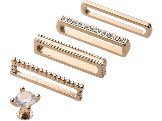 ●セット内容：リング×４、ピンズ×１ ●材質：亜鉛合金 ●カラー：ストーン ●対応サイズ：リング内寸：Ｗ２０．５×Ｈ３．０以下、ピンズ対応穴径：シリコンバンドφ２．０〜φ４．０・レザーバンドφ３．５〜