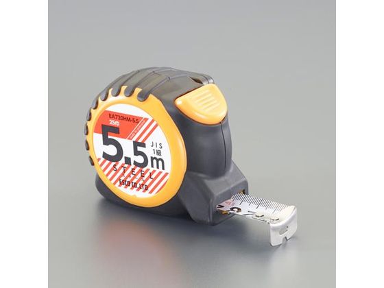 ●全長：５．５ｍ●幅：２５ｍｍ●材質：テープ・バネ：スチール（ＳＫ８５）●★ナチュラルロック付：テープを引き出すと自然に止まります。（ボタンを押すとロック解除）●ＪＩＳ１級品●ベルト掛け付