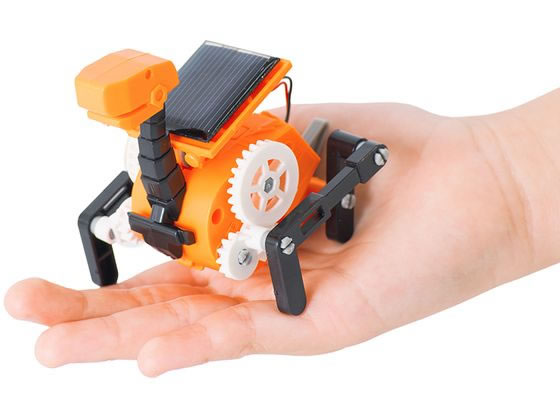 ロボビットは、太陽光のエネルギーで発電し自分で組み立てたロボットを動かす工作キットです。また、部品を組み替えることでディノサウルスやアルマジロ、ドラムロボなど、ユニークな動きをする８通りのロボットを組