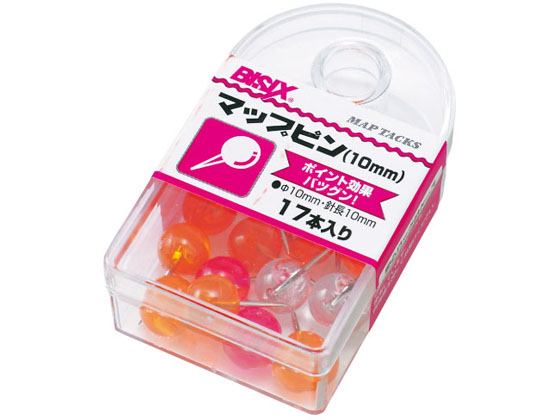 ●寸法：頭径Φ１０ｍｍ、針長１０ｍｍ●材質：ＰＳ樹脂、鋼線●包装：収納便利なＰＳケース（フック式）●入数：約１７本●色：クリアフルーツカラー３色アソート●注文単位：１箱（１７本入×５個）