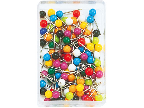 ●寸法：頭径Φ４ｍｍ、針長１０ｍｍ●材質：ＰＳ樹脂、鋼線●包装：収納便利なＰＳケース入り●入数：約１００本●色：黒・青・緑・水・黄緑・橙・赤・紫・白・黄の１０色アソート●注文単位：１箱（１００本入×２