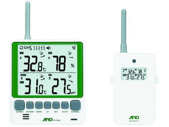 ●型番：AD5664SET●入数：1S●測定温度範囲（℃）：0〜50 ●温度最小表示（℃）：0．1 ●測定湿度範囲（％RH）：20〜90 ●湿度最小表示（％RH）：1 ●電源：単3電池×4個（モニタ用