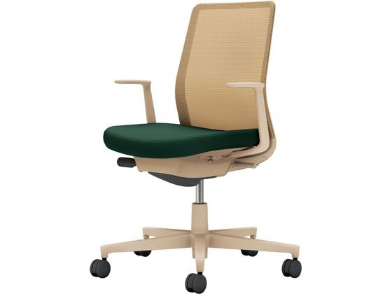 ●色：本体／ソフトベージュ、背／ソフトベージュ、座／ディープグリーン●背メッシュタイプ●ランバーサポート：なし●外寸法：幅710×奥行(脚部除く)490×高さ880〜970mm●座面寸法：幅500×奥