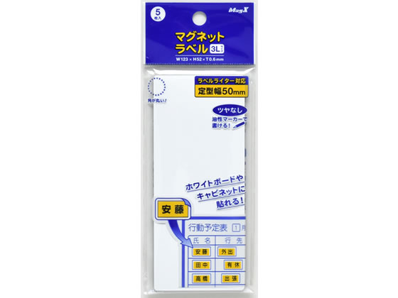 ●注文単位：１パック（５枚入）●本体サイズ：Ｗ１２３×Ｈ５２×Ｔ０．６ｍｍ●ラべルライター対応幅：５０ｍｍ●本体色：白（ツヤなし）●材質：マグネットシート、ＰＶＣ●ＧＰＮエコ商品ねっと掲載