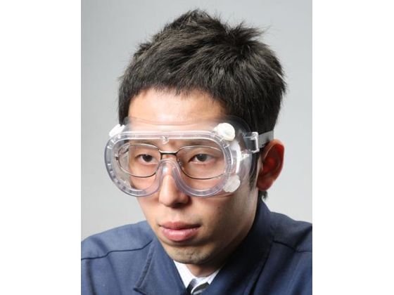 ●レンズカラー：クリアー●材質：ポリカーボネートレンズ●間接通気孔付●めがねの上からも装着可能●ラバーバンド（調整可能）●ＵＶカット●めがねサイズ：Ａ：１６２ｍｍ、Ｄ：５８×６８ｍｍ