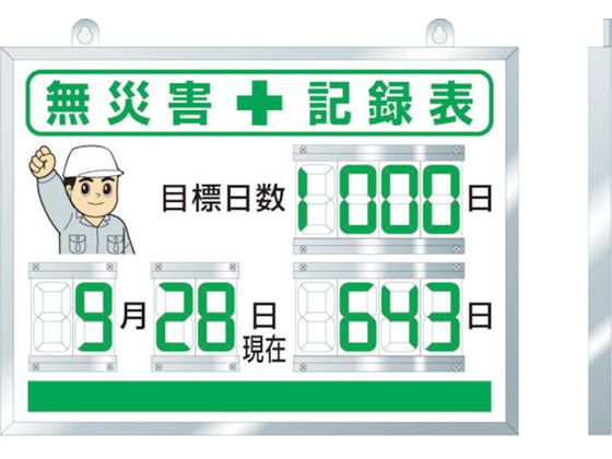 ●型番：867-18A●表示内容：無災害記録表・目標日数 ●取付仕様：吊下げ ●縦（mm）：454 ●横（mm）：604 ●厚さ（mm）：2．5●取付方法：吊下げ（金具付属） ●数字板サイズ：100×