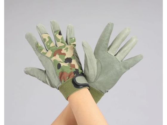 ●材質：手の甲：綿、手の平：豚革●サイズ：Ｓ●全長：２００ｍｍ●厚み：０．７ｍｍ●掌周り：２０５ｍｍ●中指長さ：７５ｍｍ●色：手の甲：迷彩色、手の平：ＯＤ色●通気性の良い手袋です。●手首平ゴム、マジッ