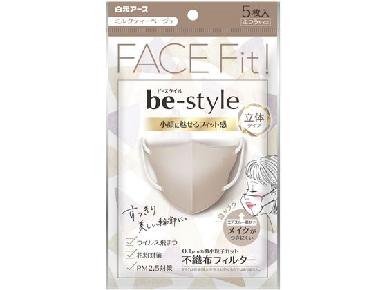 ●立体タイプ●ふつうサイズ●色：ミルクティーベージュ●材質：本体・フィルタ部／ポリプロピレン・ポリエチレン・ポリエステル、耳ひも部／ナイロン・ポリウレタン●中国製●注文単位：１パック（５枚）※蛍光染料