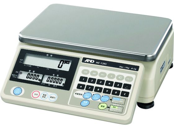 ●型番：HC15KI●最小表示（g）：2．0 ●載皿寸法（mm）：300×210 ●秤量（kg）：15 ●計数個数（個）：750000 ●最小単重（g）：0．4 ●センサー方式：ロードセル方式 ●検定