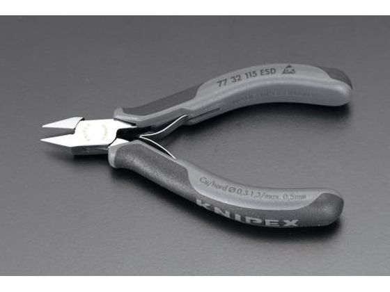 ●メーカー：ＫＮＩＰＥＸ（クニペックス）●型番：７７３２１１５ＥＳＤ●斜刃●全長：１１５ｍｍ●静電気放電タイプ●表面抵抗：１×１０＾５〜１×１０＾１２Ω●切断能力：軟線：φ０．３〜１．６ｍｍ、中硬線：