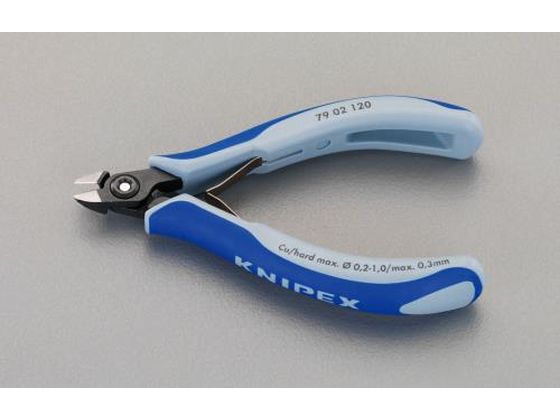 ●メーカー：ＫＮＩＰＥＸ（クニペックス）●型番：７９０２１２０●全長：１２０ｍｍ●切断能力：軟線：φ０．２〜１．０ｍｍ、中硬線：φ０．５５ｍｍ、硬線：φ０．３ｍｍ●刃硬度：ＨＲＣ６４●斜刃●バネ付●ハ