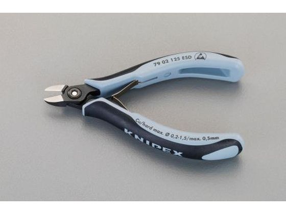 ●メーカー：ＫＮＩＰＥＸ（クニペックス）●型番：７９０２１２５ＥＳＤ●全長：１２５ｍｍ●切断能力：軟線：φ０．２〜１．５ｍｍ、中硬線：φ０．８ｍｍ、硬線：０．５ｍｍ●刃硬度：ＨＲＣ６４●斜刃●バネ付●