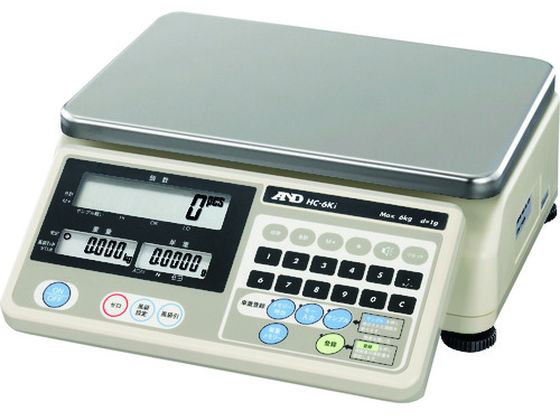 ●型番：HC6KI●最小表示（g）：1．0 ●載皿寸法（mm）：300×210 ●秤量（kg）：6 ●計数個数（個）：600000 ●最小単重（g）：0．2 ●電源：ACアダプター（付属）、または内蔵