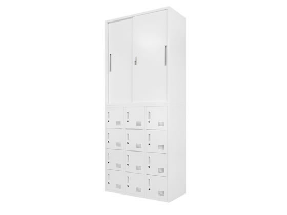 ●カラー：ホワイト●サイズ：引戸書庫／幅９００×奥行４００×高さ１０５０ｍｍ、１２人用／幅９００×奥行４００×高さ１０５０ｍｍ●重量：引戸書庫／２８ｋｇ、１２人用／３４ｋｇ●材質：本体・扉／スチール製