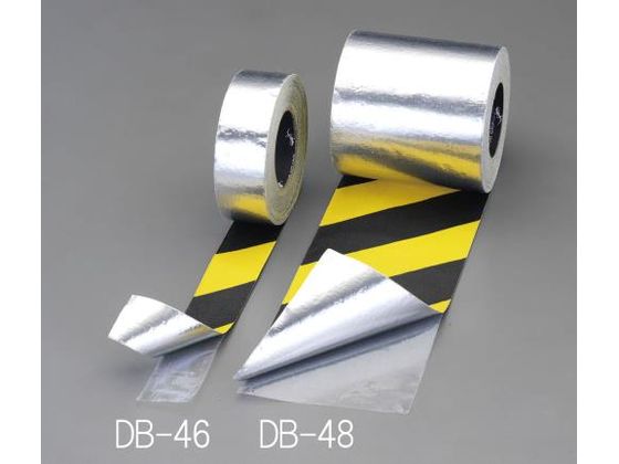 ●屋内外兼用●粒度：＃４６●長さ：１８．３ｍ●厚み：０．９ｍｍ●幅：５０ｍｍ●色：黄／黒●粘着テープ式（剥離紙付）●裏面はアルミニウムで耐酸化性があります。●縞鋼抜に最適です。●耐化学物質・耐水・耐油
