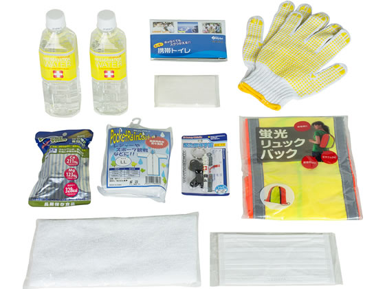 ●本体サイズ：縦２０８×幅２８９×厚み７３ｍｍ●重量：約１．７ｋｇ●材質：段ボール（個装箱）●セット内容：緊急用呼子笛×１、携帯用トイレ×１、タオル×１、ポケットコート×１、ポケットティッシュ×１、マ