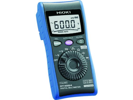 ●型番：DT4224●直流電圧（V）：600 ●交流電圧（V）：600 ●抵抗（Ω）：60M ●検波方式：真の実効値整流（RMS） ●電源：単4アルカリ乾電池×1本（付属） ●コンデンサ：10m ●高