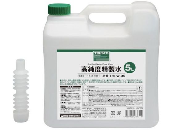 ●型番：THPW-05●容量（L）：5●使用温度範囲：0〜100℃ ●電気伝導率1．0μS／cm以下（25℃時）●高純度精製水（100％）●ノズル付●飲料水ではありません。［精製水とは］水に何らかの手