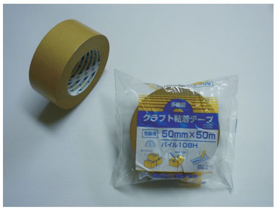 ●型番：108-50●色：ダンボール ●幅（mm）：50 ●長さ（m）：50 ●厚さ（mm）：0．135●粘着力：3．5N／10mm ●引張強度：53N／10mm ●手で切断可能●基材：ポリエチレン、