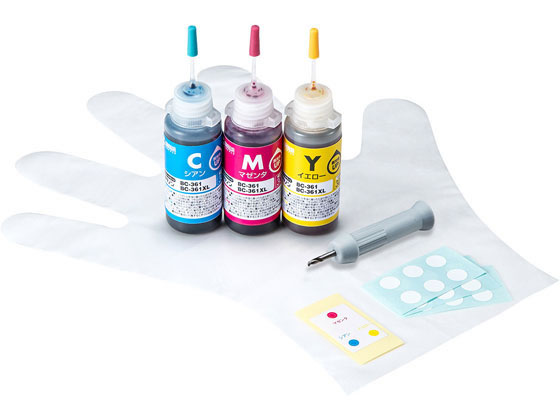 ●インクカラー：シアン、マゼンタ、イエロー ●内容量：３０ｍｌ ●セット内容：手袋×１組、ドリル×１本、ドリルガイドシール×１枚、注入口シール×３０枚 ●詰め替え回数：ＢＣ−３６１／約１０回、ＢＣ−３