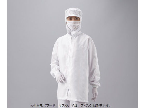 ●材質：導電糸入りポリエステル１００％（ストライプタイプ）●表面抵抗：１０＾６〜＾８Ω／□●袖ゴム入り●左腕ペン挿し付き●色：白●サイズ：Ｌ●着丈（Ａ）：７６．５ｃｍ●胸囲（Ｂ）：１１３ｃｍ●袖丈（Ｃ