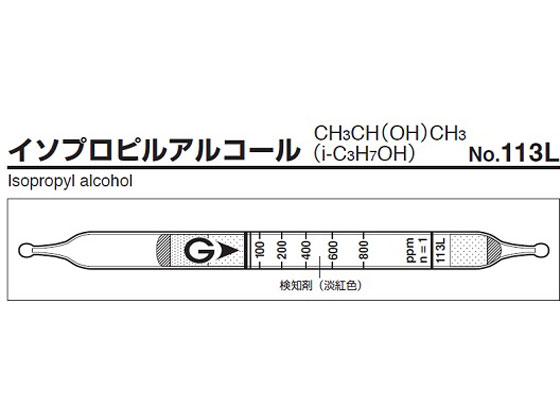 ●検知管名：１１３Ｌ イソプロピルアルコール●１箱の測定回数：１０●有効期限（年）：３●測定ガス名：イソプロピルアルコール●測定範囲：２０〜８００ｐｐｍ●標準吸引回数（ｎ）：１●測定ガス名：エチレング