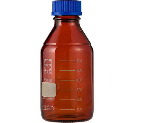 ●コード番号：０１７２１０−７５０Ａ●材質：本体／硼珪酸ガラス−１、青キャップ・液切りリング／ＰＰ（ポリプロピレン）●青キャップ付き、液切りリング付き●容量：７５０ｍＬ●ネジ口規格：ＧＬ−４５●口内径
