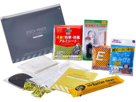 ●ポーチサイズ：約縦１６２×横２３０ｍｍ●重量：約２００ｇ ●ポーチ材質：ＰＶＣ ●セット内容：防災カード・備蓄氷糖×２個・ポケットティッシュ・非常用簡易トイレ（汚物収納袋＋抗菌性凝固剤）・マスク・ホ