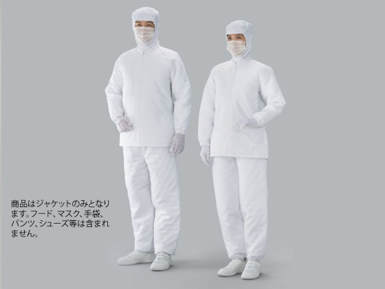 ●クリーンツイル（ポリエステル１００％）＋裏面全面キルト（ポリエステル１００％）●低発塵＋保温素材 ●男女兼用 ●センターファスナー（コイル）仕様比翼付き ●ラグランスリーブ ●袖口ゴム仕様 ●脇ゴム