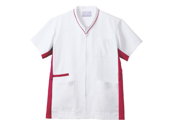 ●ストレッチカシミア（ポリエステル１００％）●左右ポケット●スマホ専用ポケット●サイドベンツ●前開き仕様●制菌加工●透け防止●吸汗速乾●制電●防汚●男女兼用●ホワイト×バーガンディ●ＬＬサイズ