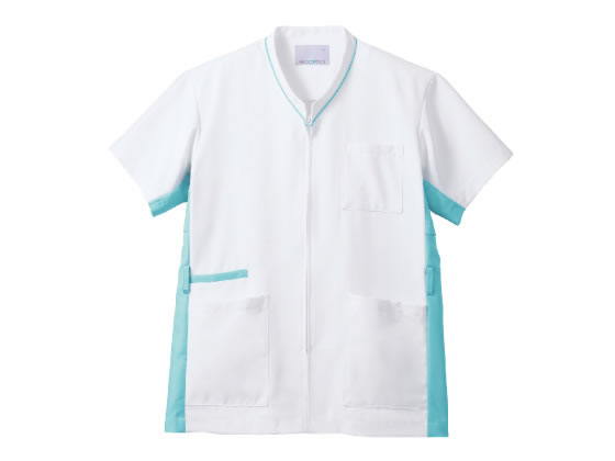 ●ストレッチカシミア（ポリエステル１００％）●左右ポケット●スマホ専用ポケット●サイドベンツ●前開き仕様●制菌加工●透け防止●吸汗速乾●制電●防汚●男女兼用●ホワイト×ターコイズ●３Ｌサイズ