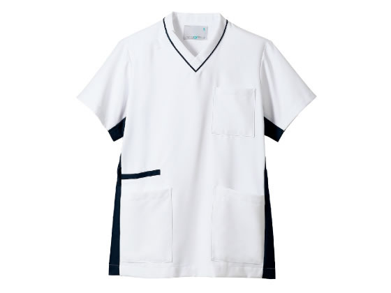 ●ストレッチカシミア（ポリエステル１００％）●左右ポケット●スマホ専用ポケット●サイドベンツ●かぶり仕様●制菌加工●透け防止●吸汗速乾●制電●防汚●男女兼用●ホワイト×ネイビー●Ｌサイズ