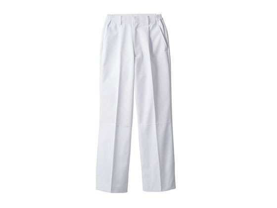 ●素材：制電双糸（ポリエステル６５％ 綿３５％）●パンツ裾ネット●色：白●ワンタック●両脇ゴム●制菌加工●静電気防止素材